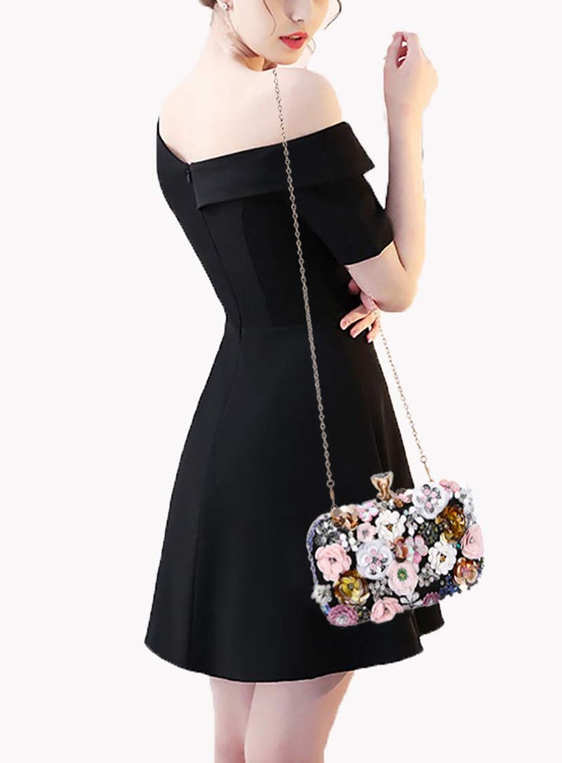 Selighting Colorful Floral Clutch Evening Bags for Women Formal Beaded Wedding Purse Prom Cocktail Party Handbags Black - Image 3
